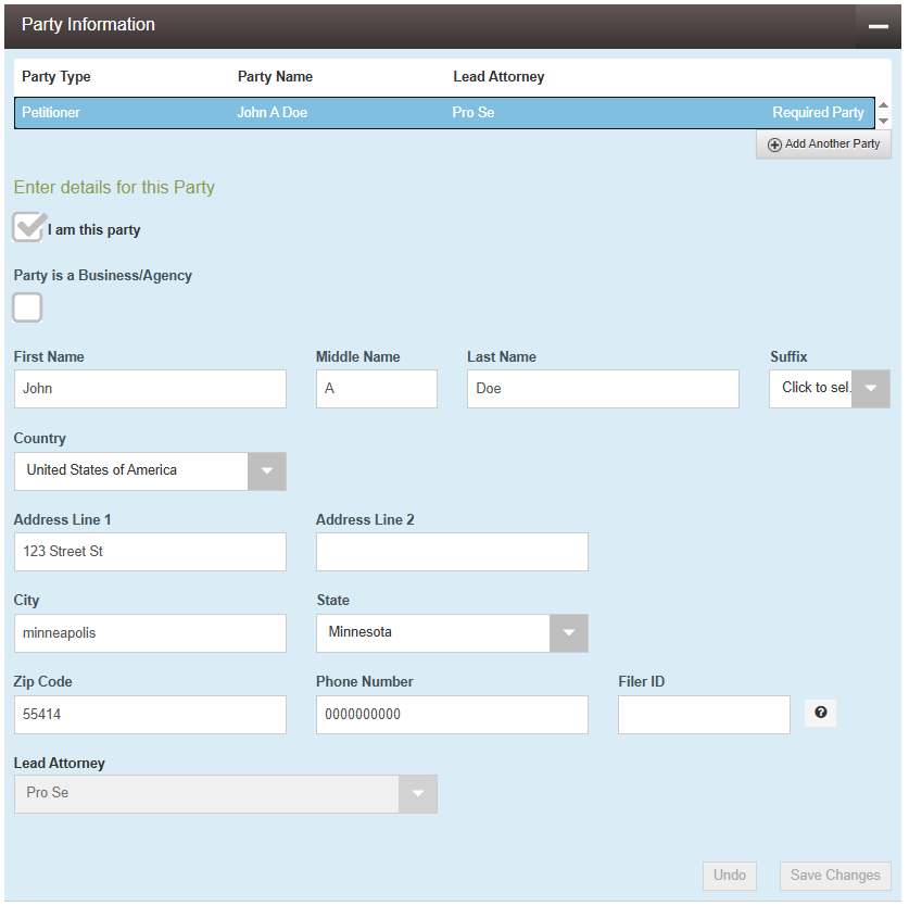 eFile case setup with name fields