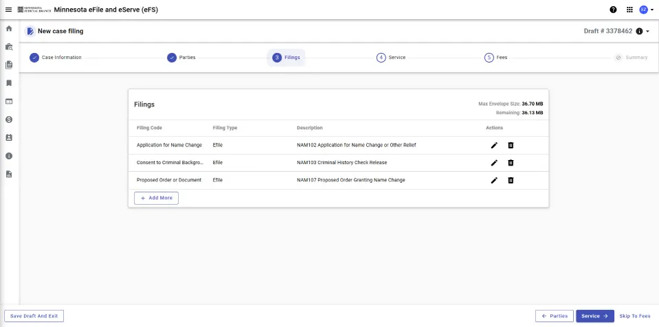 eFile filings page, showing all three documents uploaded and ready for submission