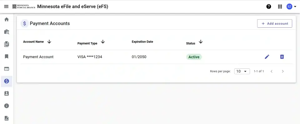 eFile system payment accounts screen showing a payment account has been added